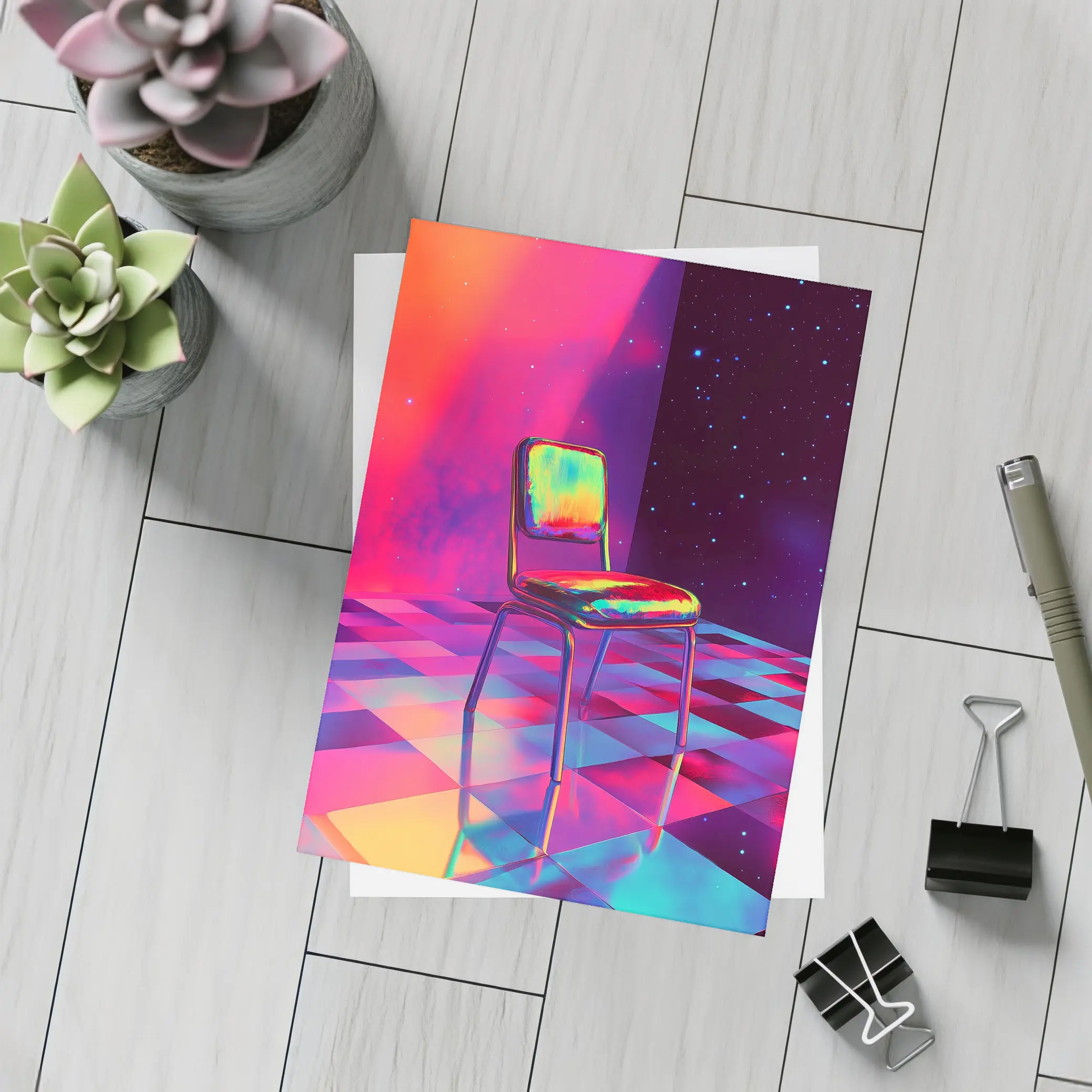Retro Chair Psychedelic Space Starry Background – Postcards