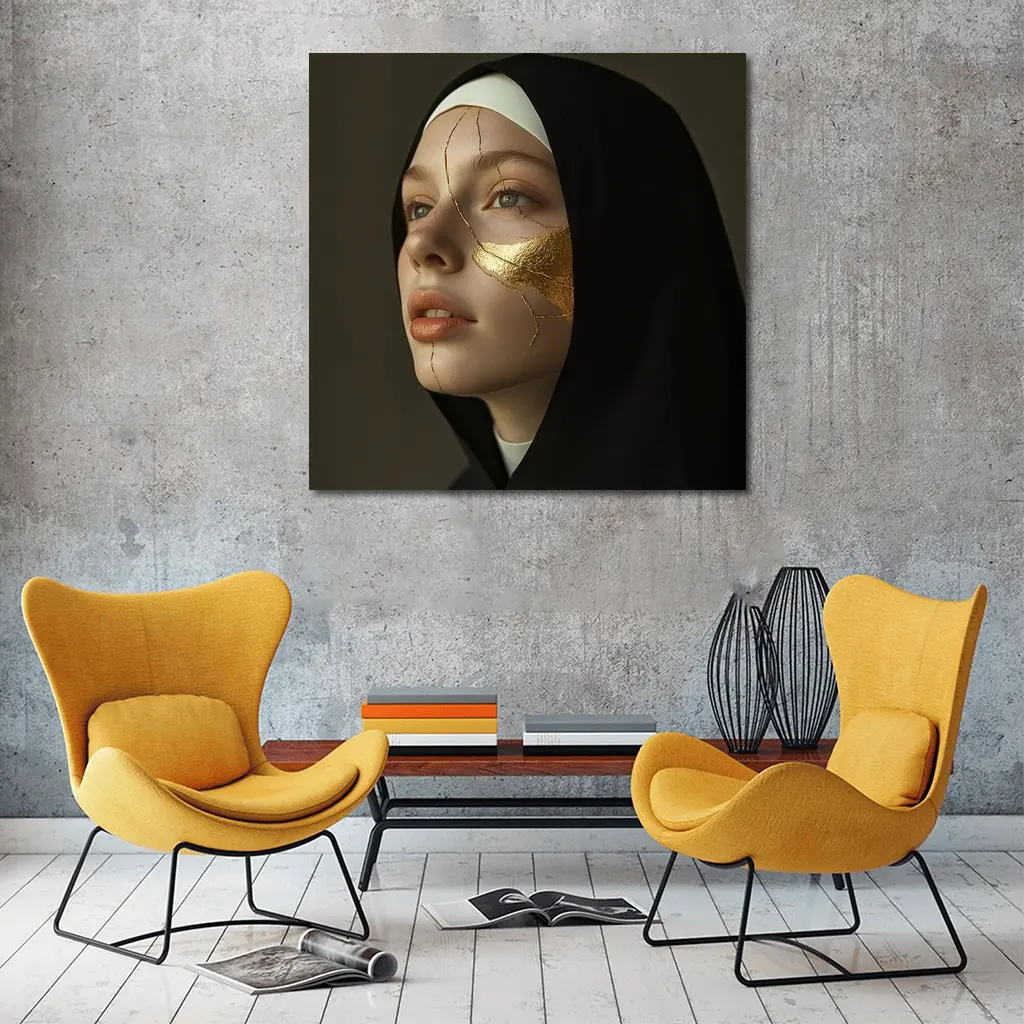 Nun Portrait with Gold Kintsugi Face – Wall Art
