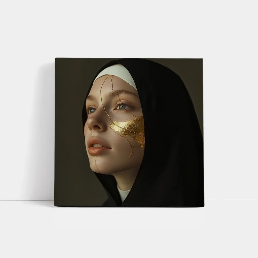 Nun Portrait with Gold Kintsugi Face – Wall Art