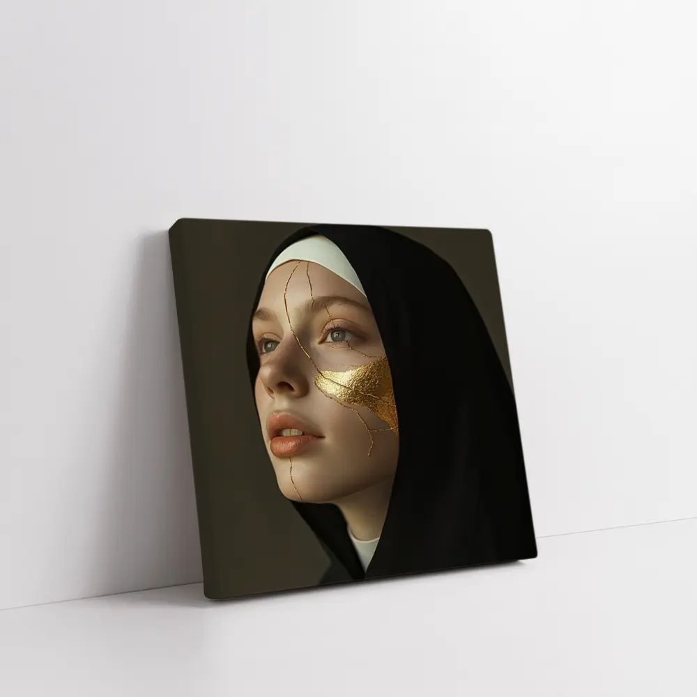 Nun Portrait with Gold Kintsugi Face – Wall Art