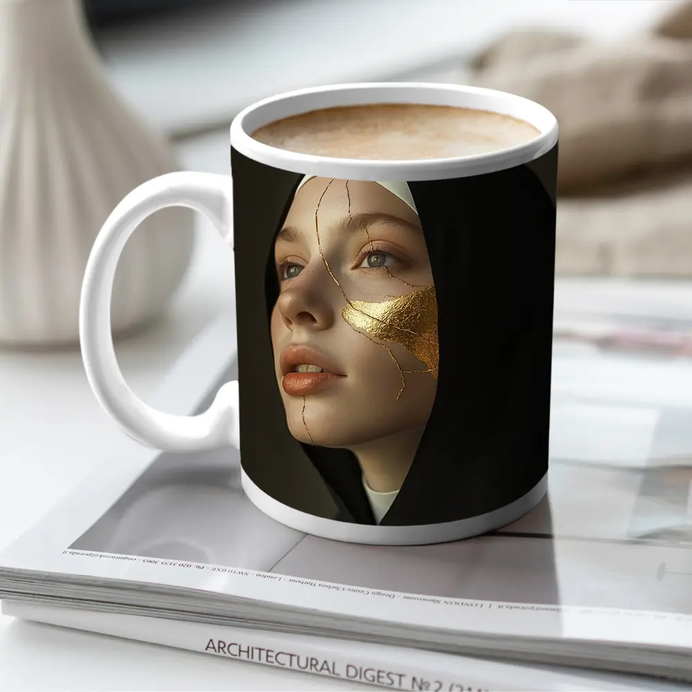 Nun Portrait with Gold Kintsugi Face – Mugs