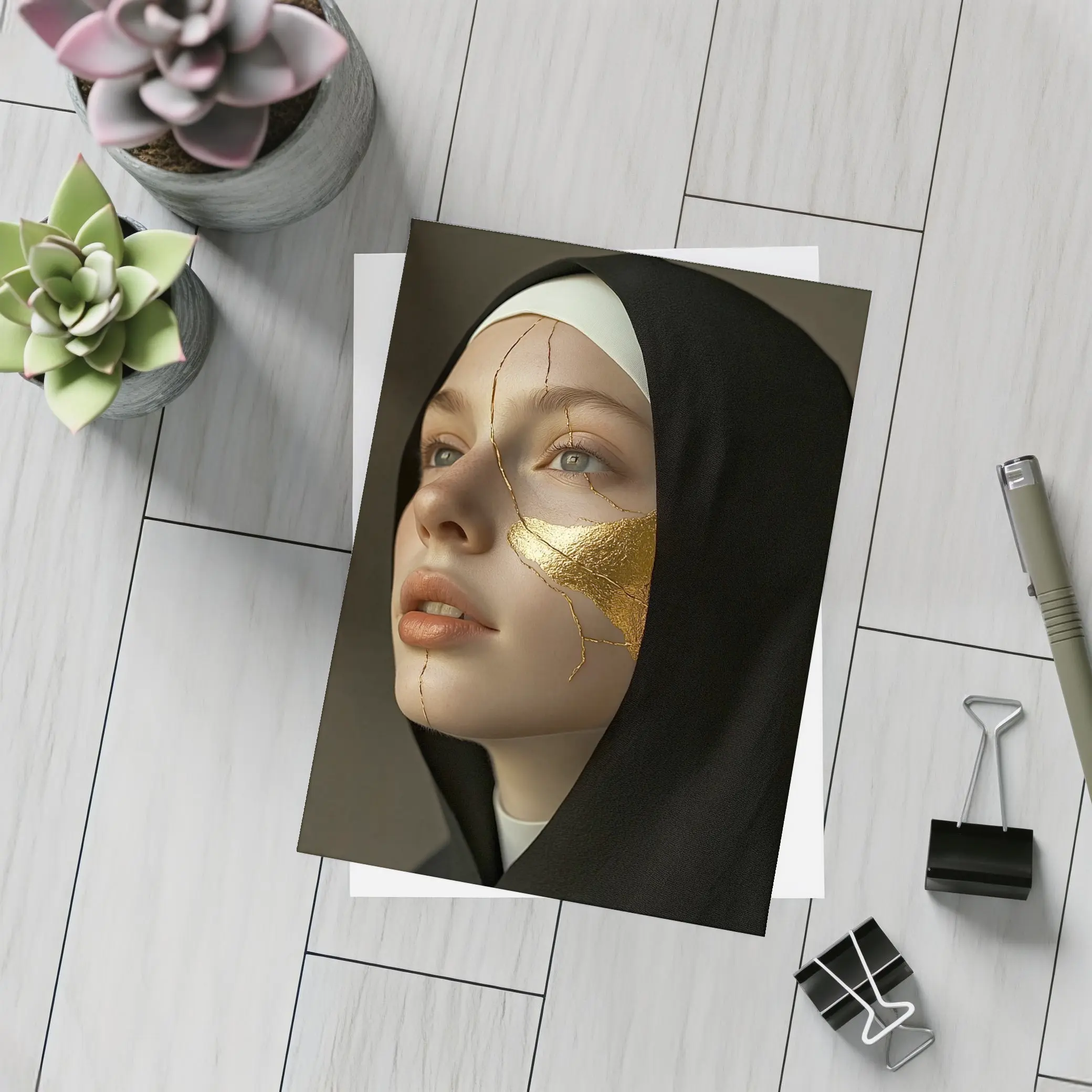 Nun Portrait with Gold Kintsugi Face – Postcards