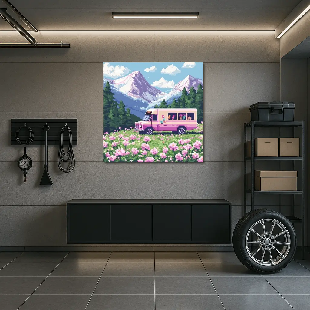 Pixel Art Pink Bus Mountain Flower Field – Wall Art