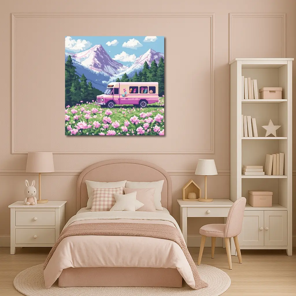 Pixel Art Pink Bus Mountain Flower Field – Wall Art