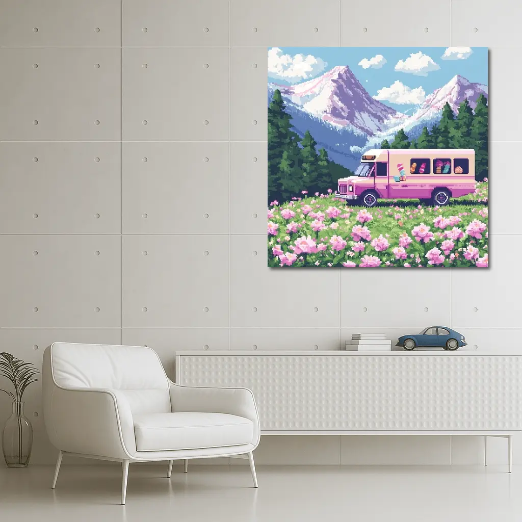 Pixel Art Pink Bus Mountain Flower Field – Wall Art
