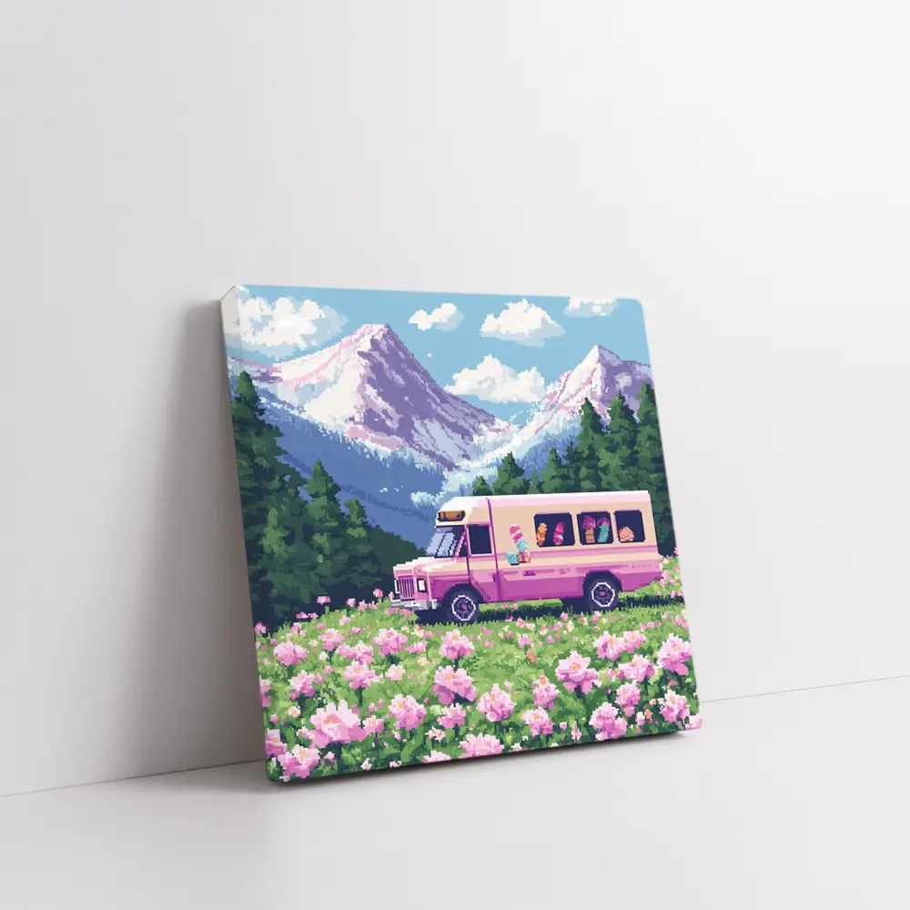 Pixel Art Pink Bus Mountain Flower Field – Wall Art