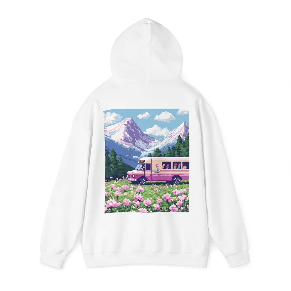 Pixel Art Pink Bus Mountain Flower Field – Hoodies