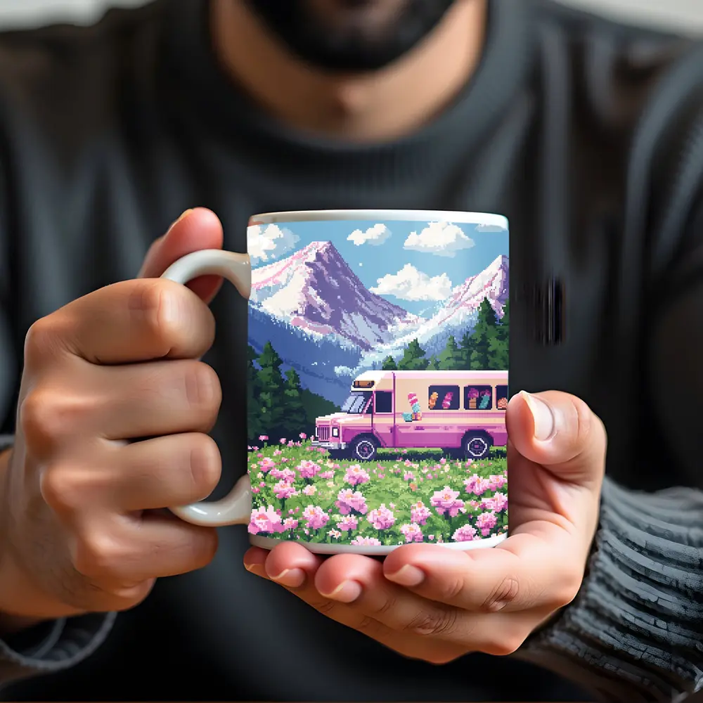 Pixel Art Pink Bus Mountain Flower Field – Mugs