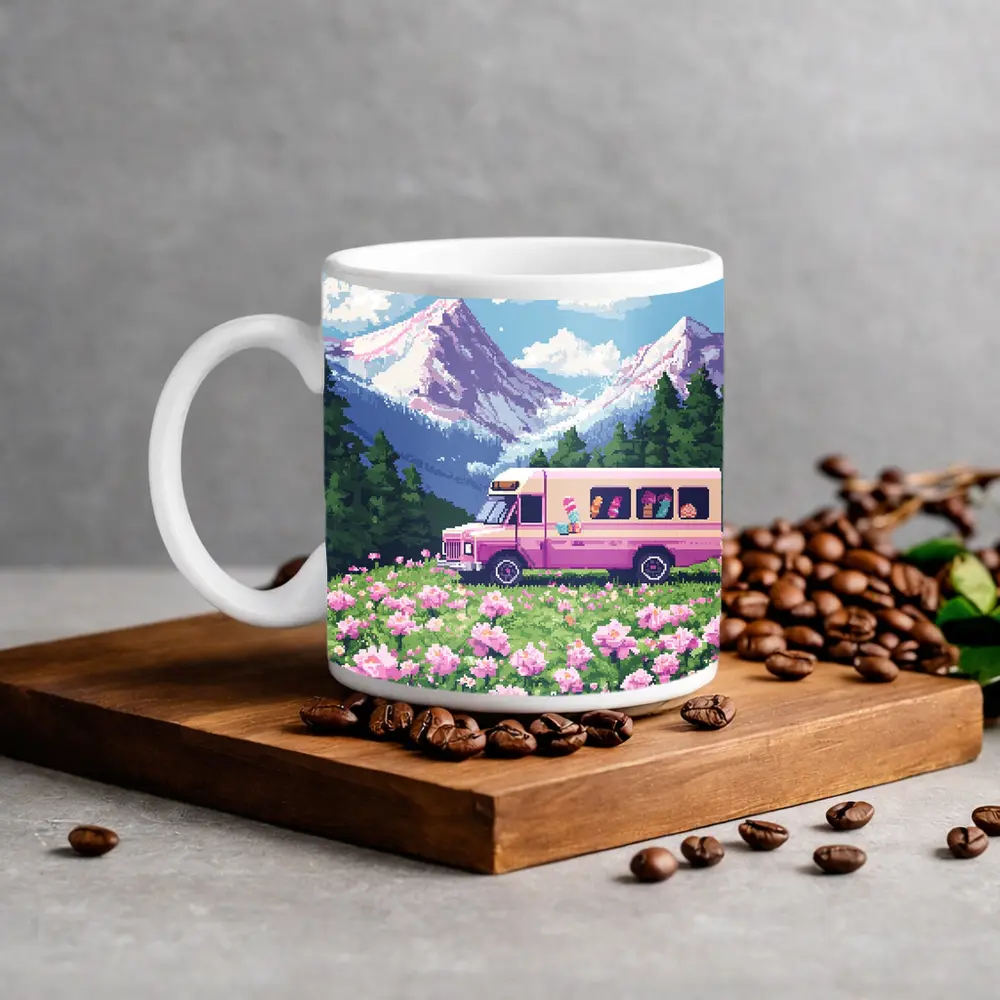 Pixel Art Pink Bus Mountain Flower Field – Mugs