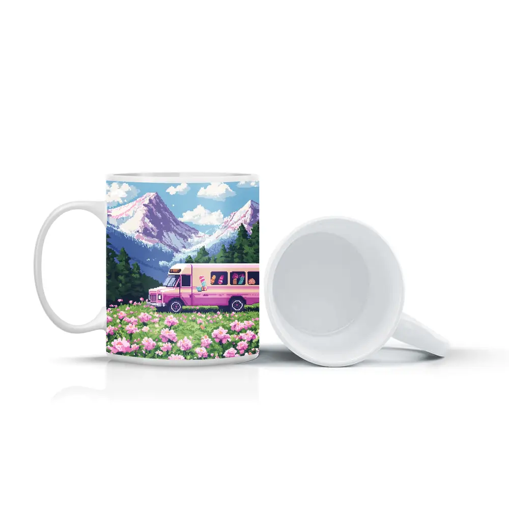 Pixel Art Pink Bus Mountain Flower Field – Mugs