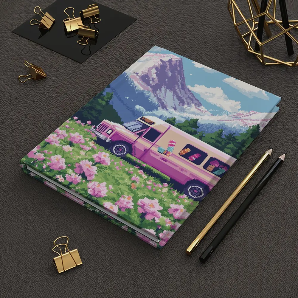 Pixel Art Pink Bus Mountain Flower Field – Notebooks