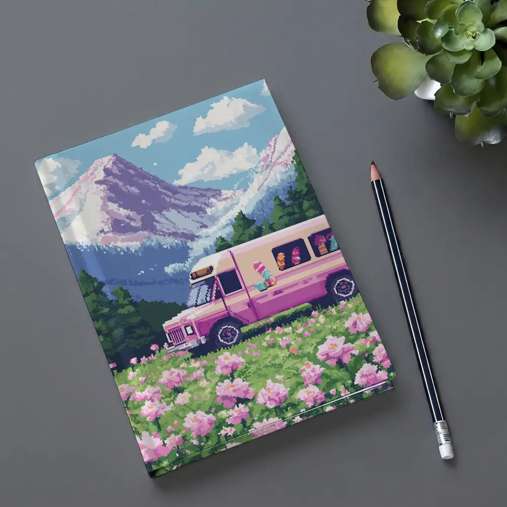 Pixel Art Pink Bus Mountain Flower Field – Notebooks