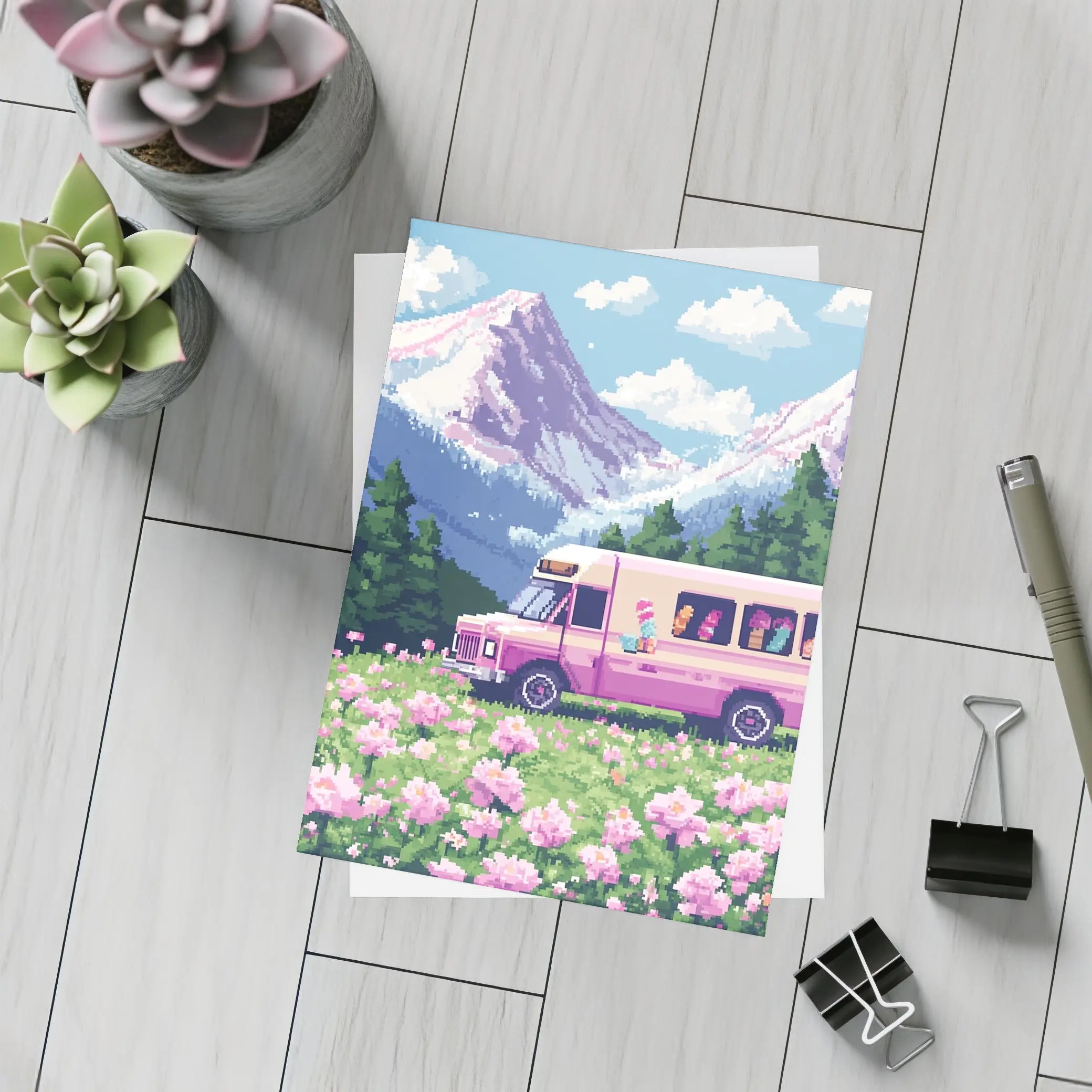 Pixel Art Pink Bus Mountain Flower Field – Postcards
