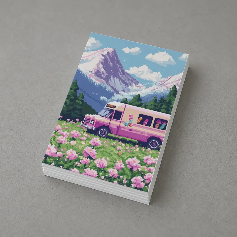 Pixel Art Pink Bus Mountain Flower Field – Postcards