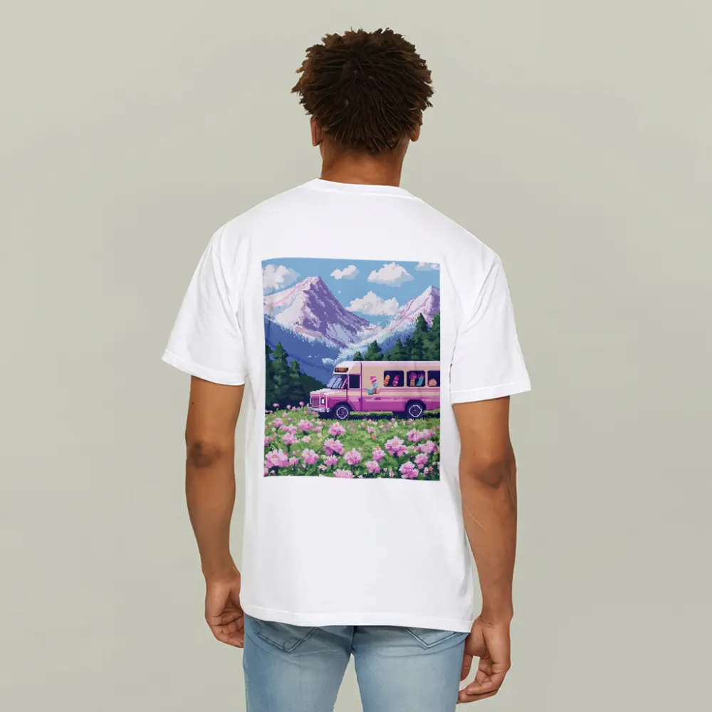 Pixel Art Pink Bus Mountain Flower Field – T-Shirts