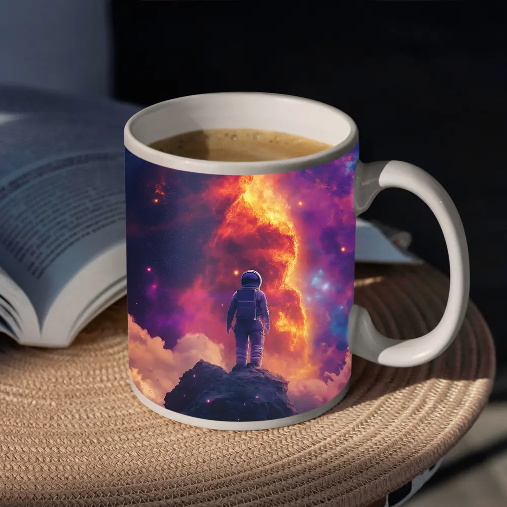 Astronaut Standing On Rock Cosmic Nebula – Mugs