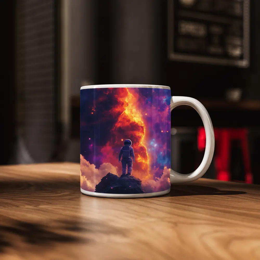Astronaut Standing On Rock Cosmic Nebula – Mugs