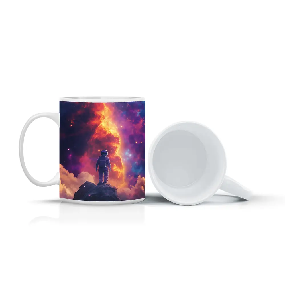 Astronaut Standing On Rock Cosmic Nebula – Mugs