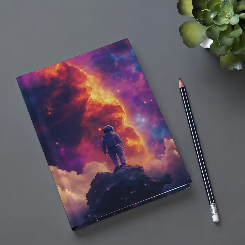 Astronaut Standing On Rock Cosmic Nebula – Notebooks