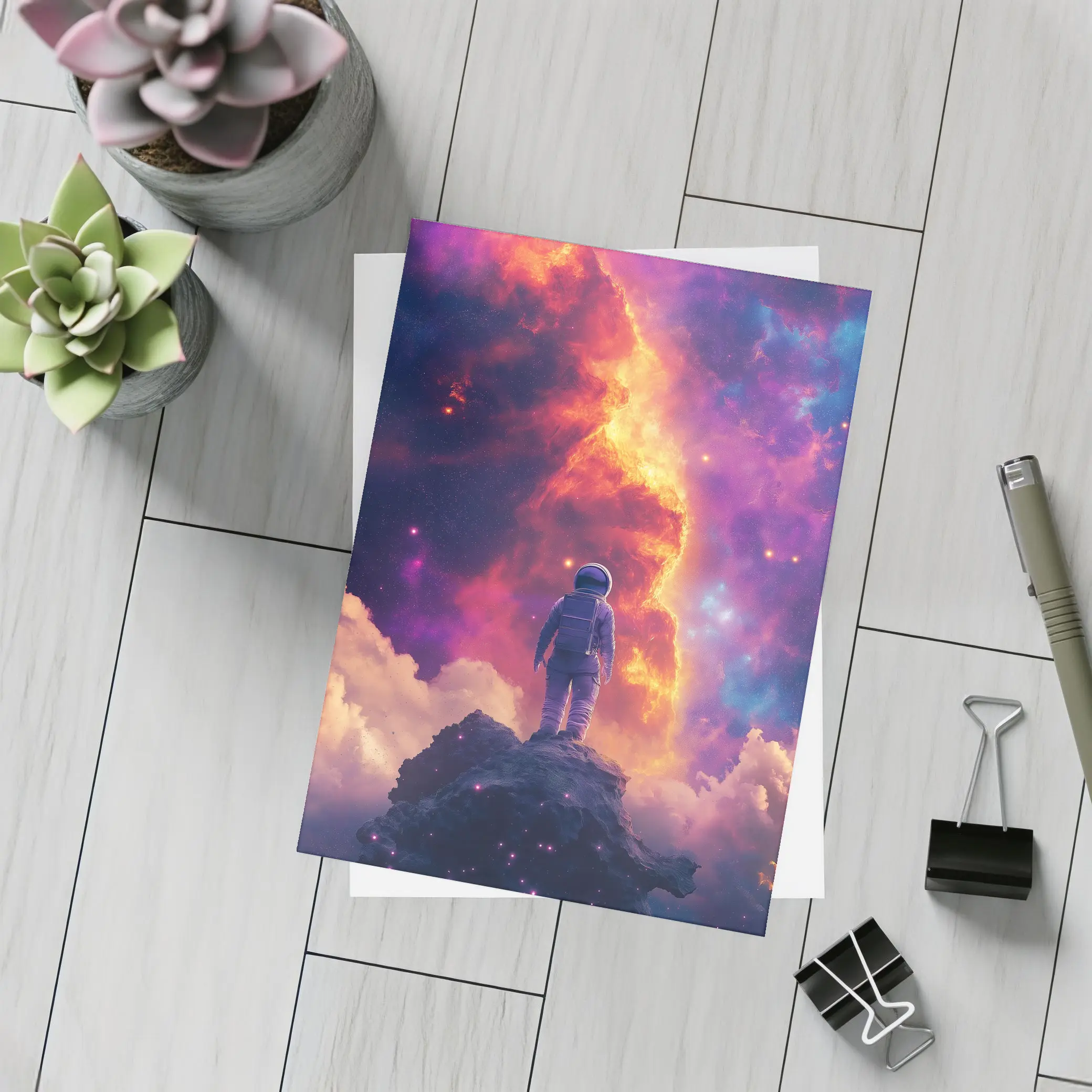 Astronaut Standing On Rock Cosmic Nebula – Postcards