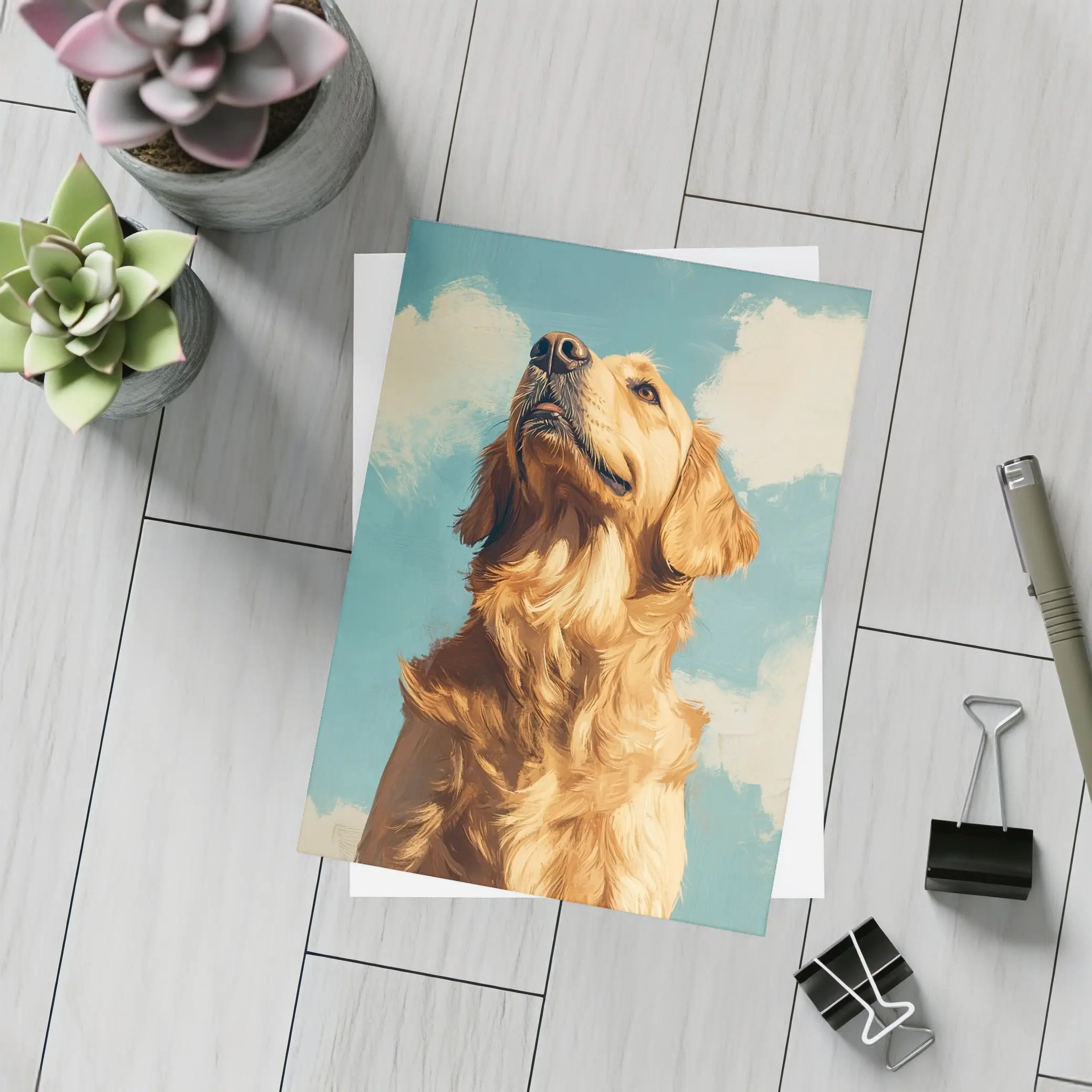Golden Retriever Dog Blue Sky Painting – Postcards