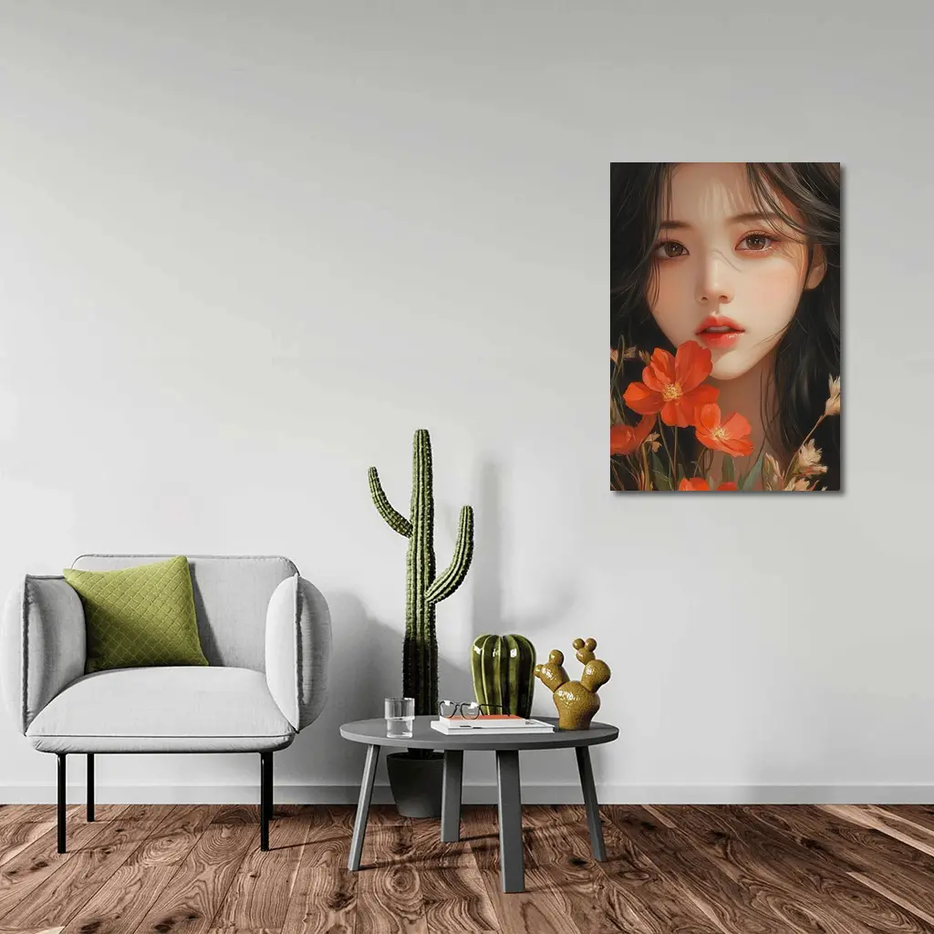 Asian Girl Portrait With Orange Wildflowers – Wall Art