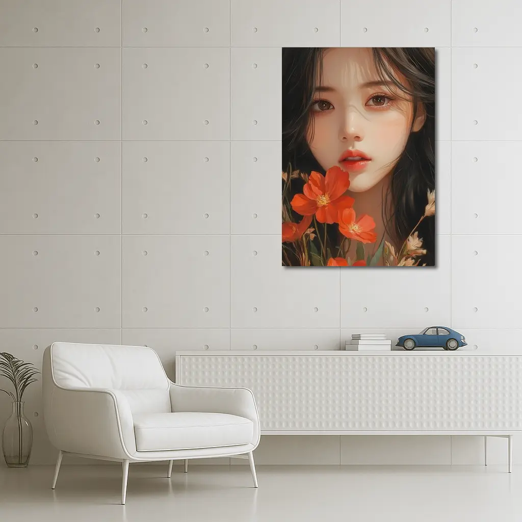 Asian Girl Portrait With Orange Wildflowers – Wall Art