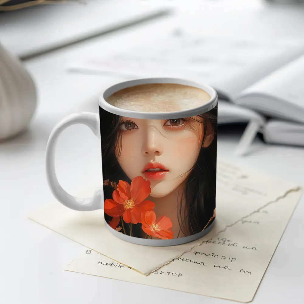 Asian Girl Portrait With Orange Wildflowers – Mugs