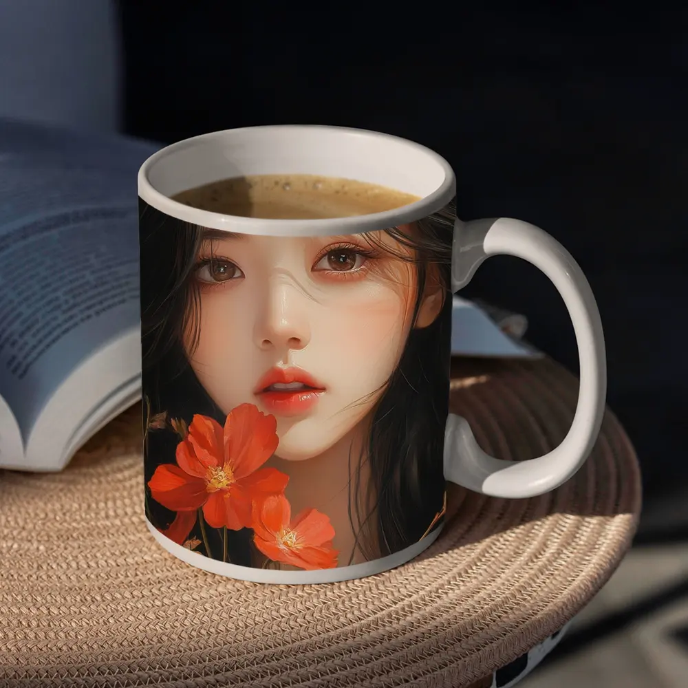 Asian Girl Portrait With Orange Wildflowers – Mugs