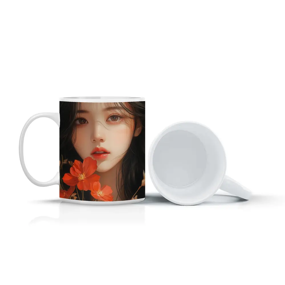 Asian Girl Portrait With Orange Wildflowers – Mugs