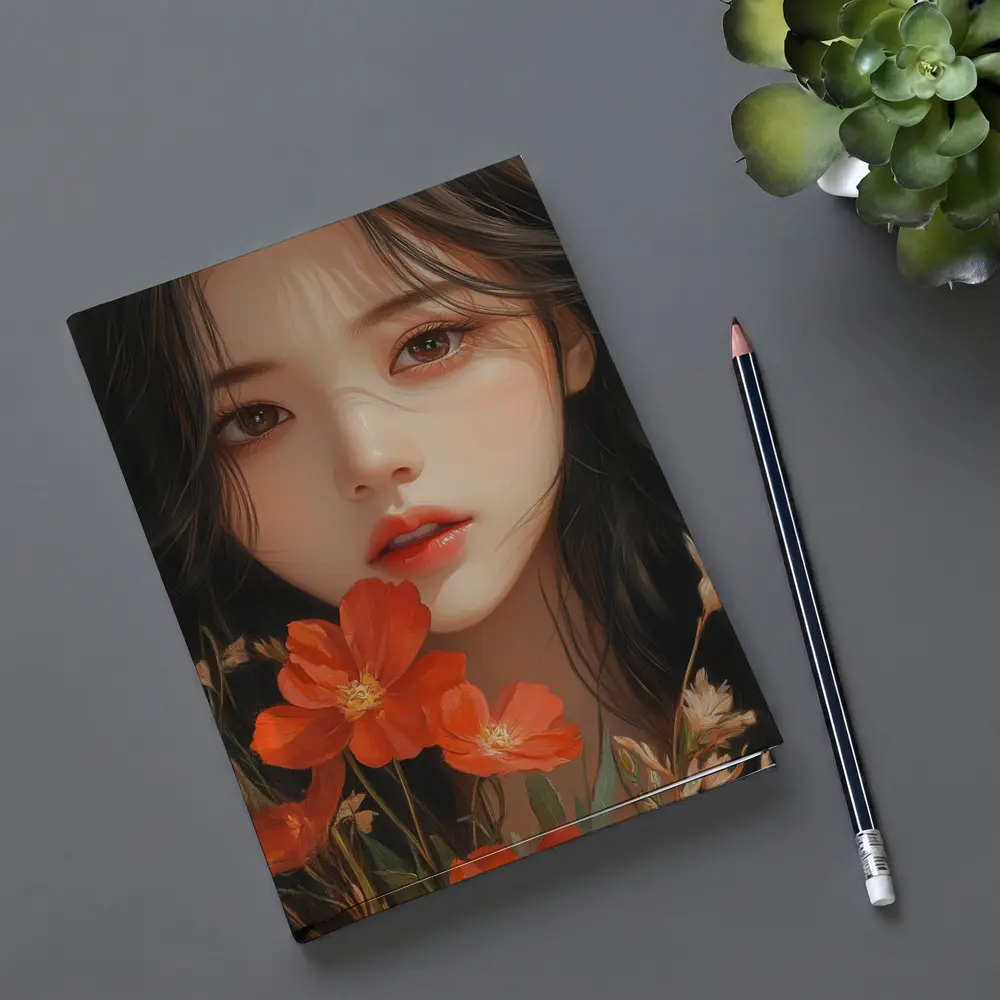 Asian Girl Portrait With Orange Wildflowers – Notebooks
