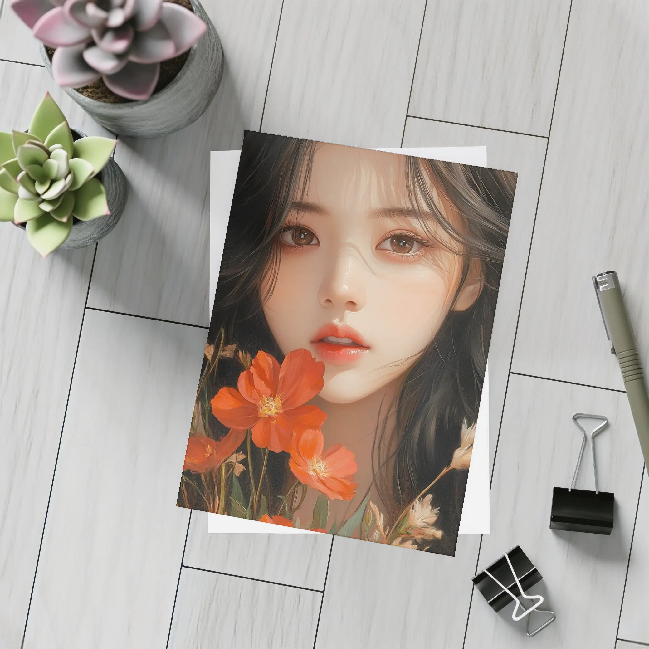 Asian Girl Portrait With Orange Wildflowers – Postcards