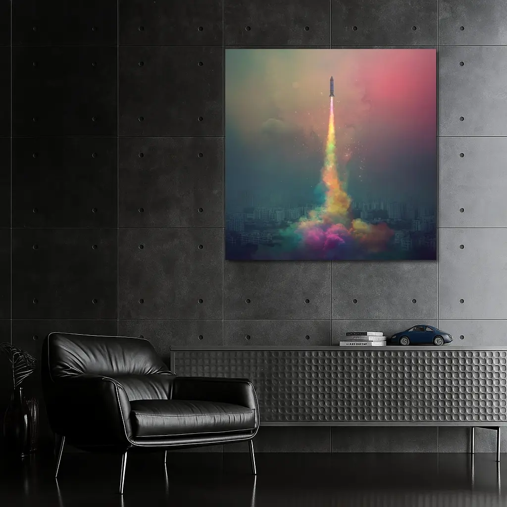 Rocket Launch Rainbow Trail Over City – Wall Art