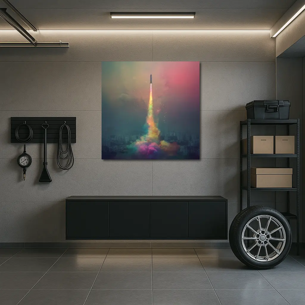 Rocket Launch Rainbow Trail Over City – Wall Art