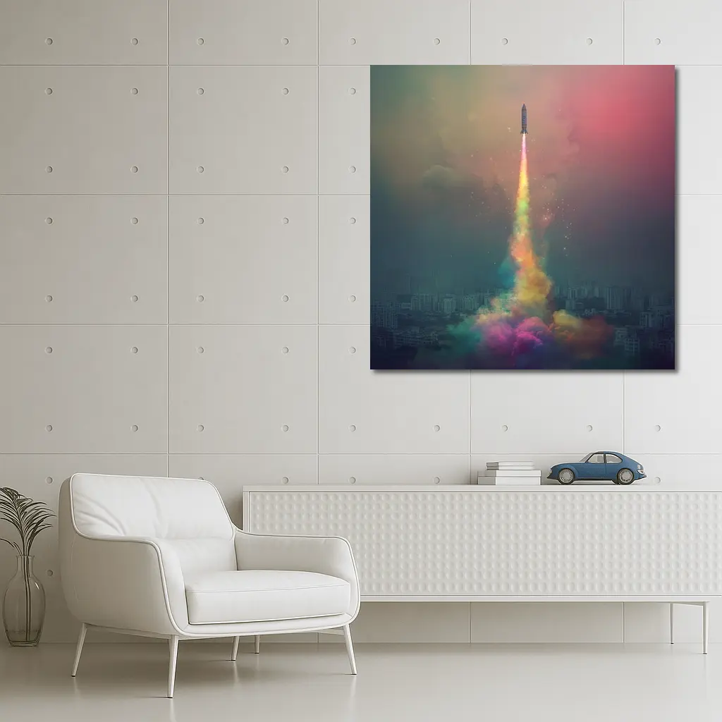 Rocket Launch Rainbow Trail Over City – Wall Art