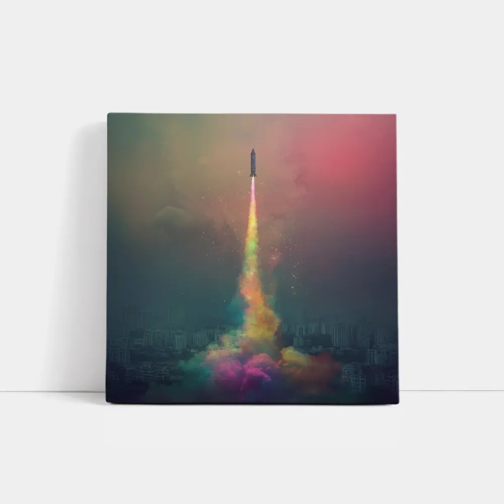 Rocket Launch Rainbow Trail Over City – Wall Art
