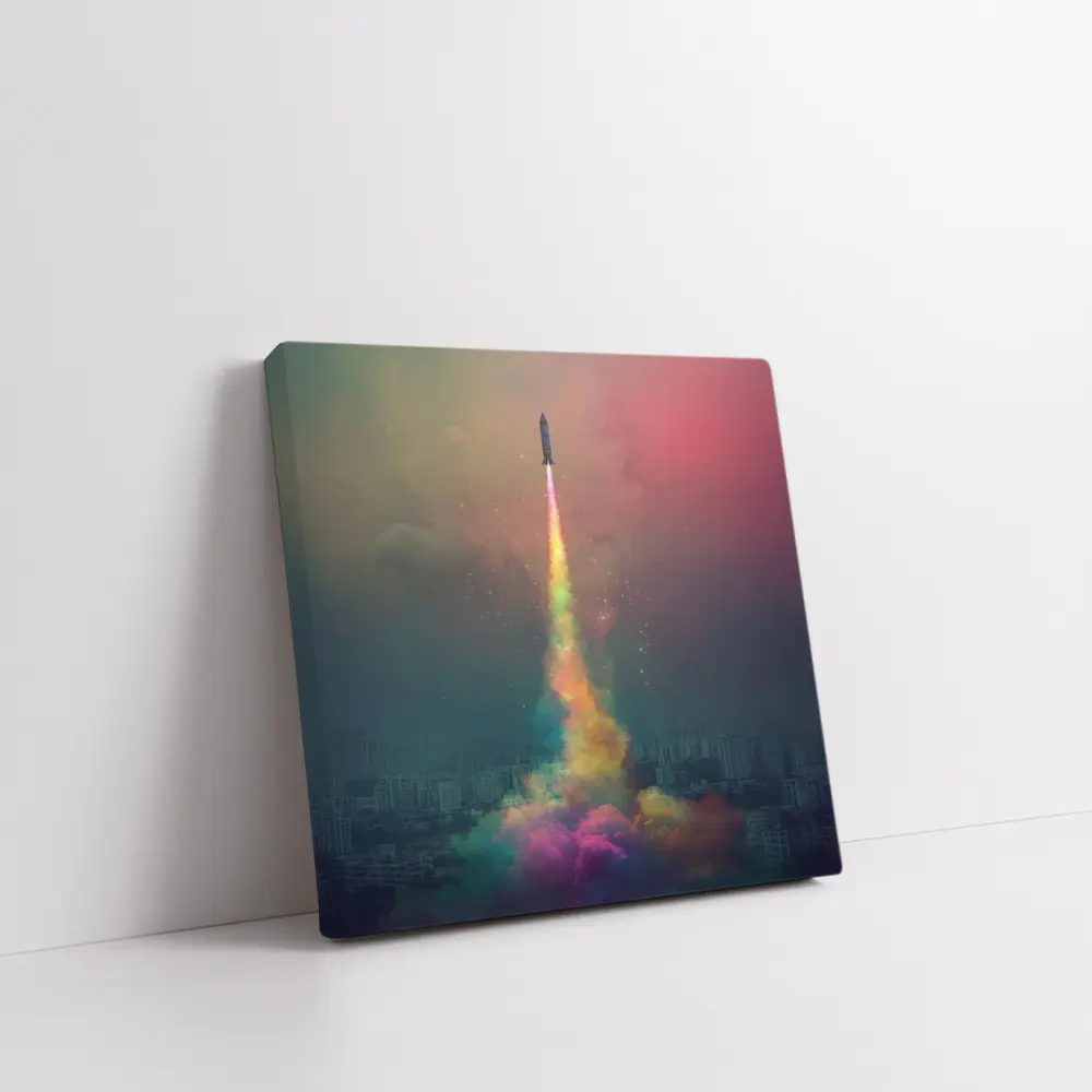 Rocket Launch Rainbow Trail Over City – Wall Art