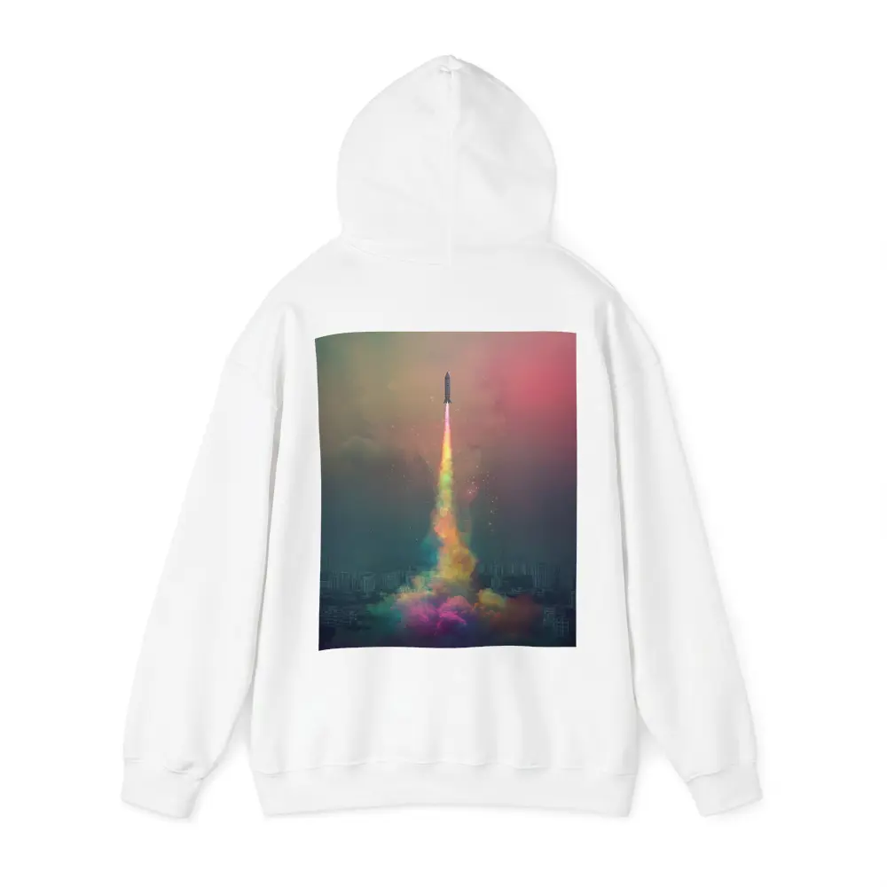 Rocket Launch Rainbow Trail Over City – Hoodies