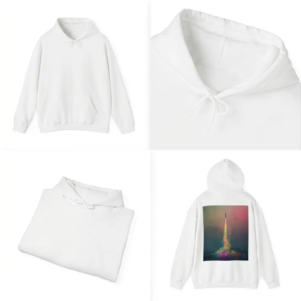 Rocket Launch Rainbow Trail Over City – Hoodies