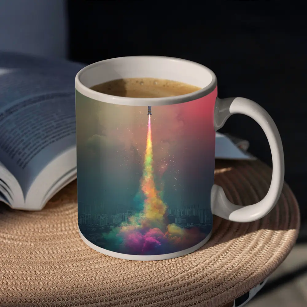 Rocket Launch Rainbow Trail Over City – Mugs