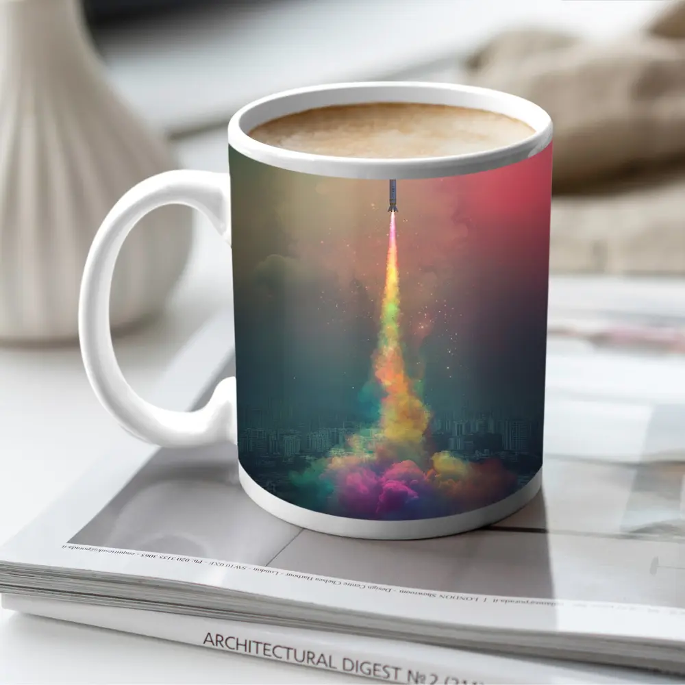 Rocket Launch Rainbow Trail Over City – Mugs