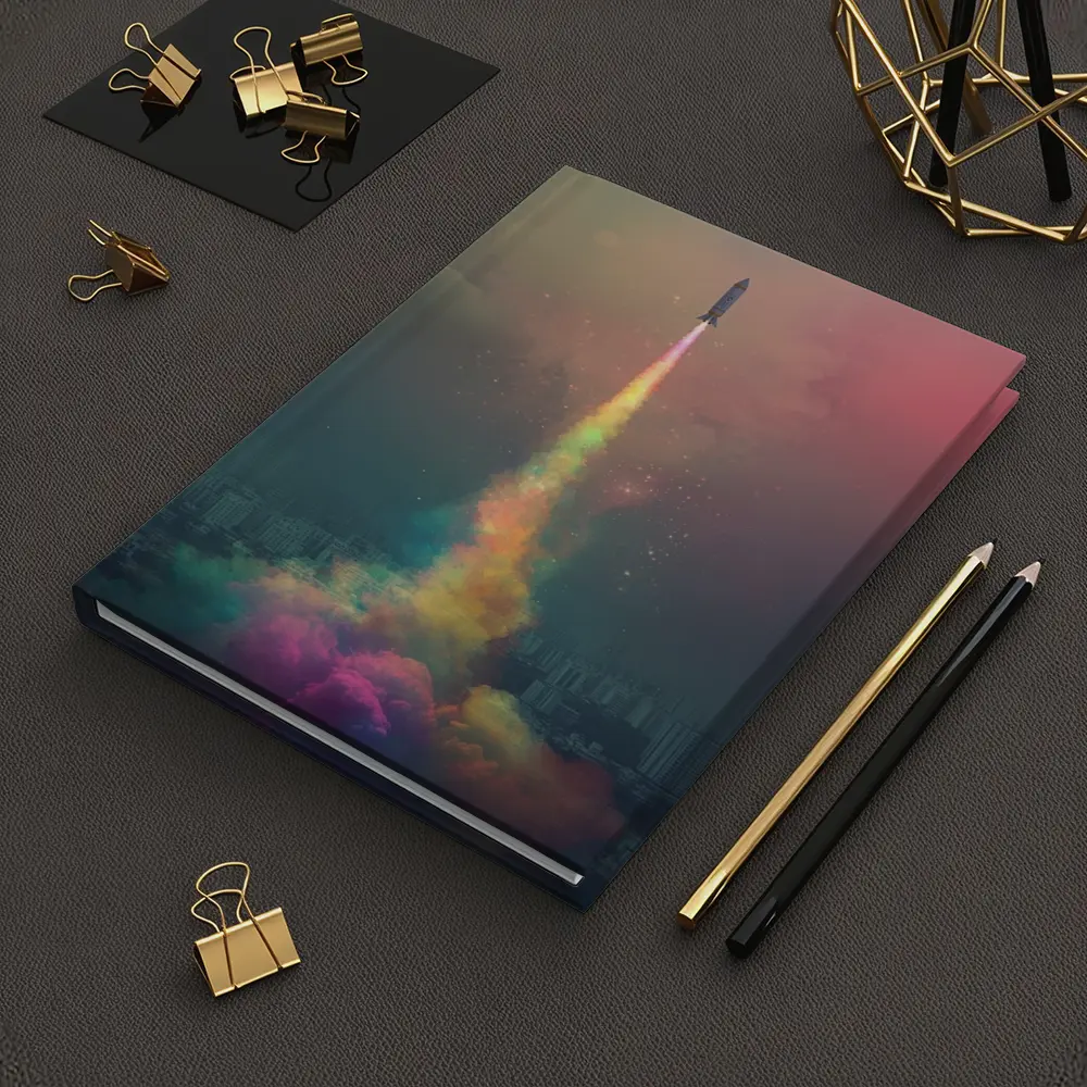Rocket Launch Rainbow Trail Over City – Notebooks