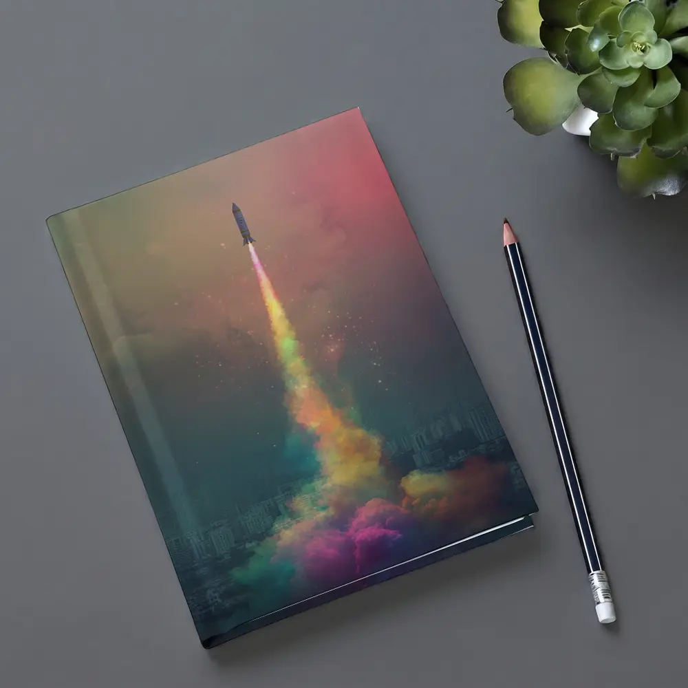 Rocket Launch Rainbow Trail Over City – Notebooks