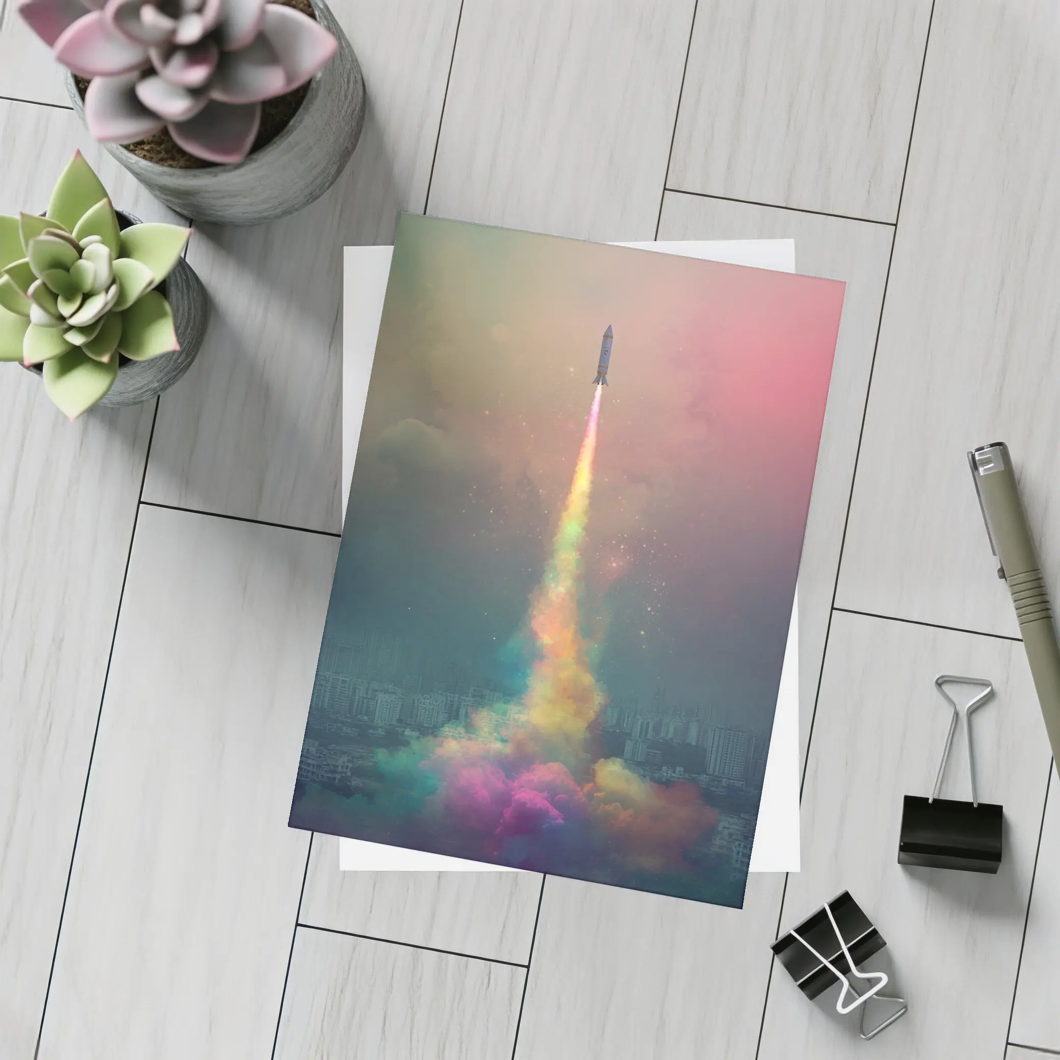 Rocket Launch Rainbow Trail Over City – Postcards