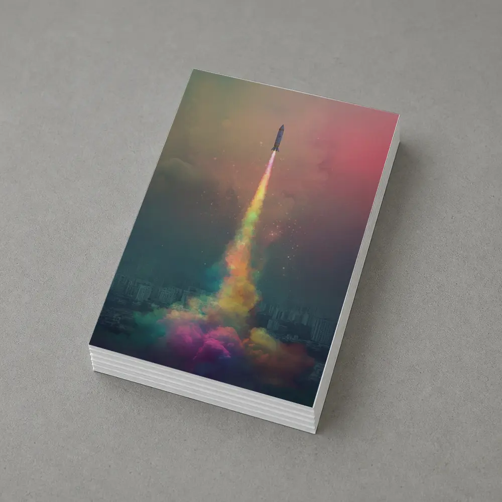 Rocket Launch Rainbow Trail Over City – Postcards