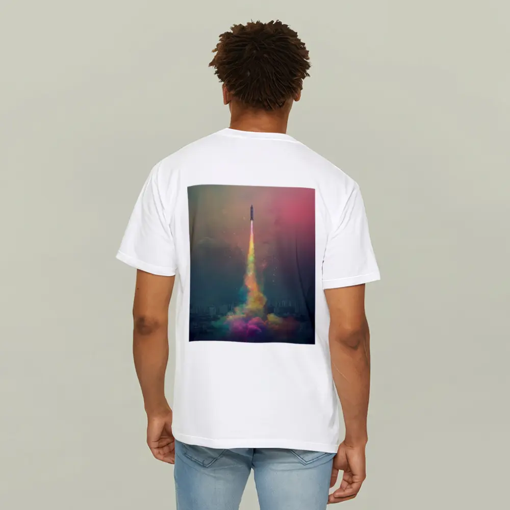 Rocket Launch Rainbow Trail Over City – T-Shirts