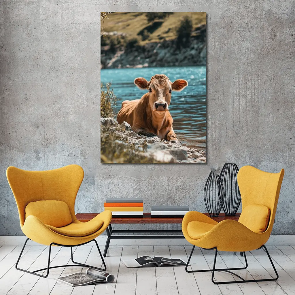 Young Calf Resting By Mountain Lake – Wall Art