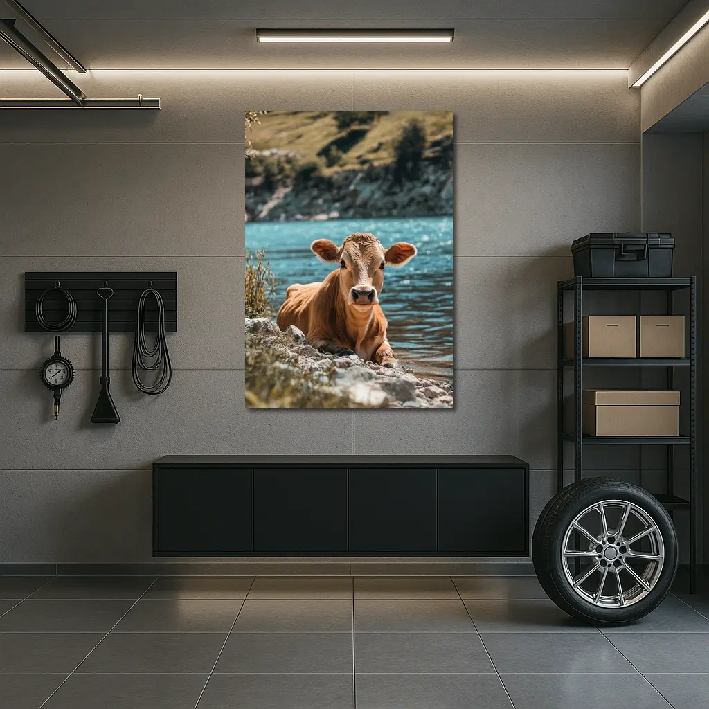 Young Calf Resting By Mountain Lake – Wall Art