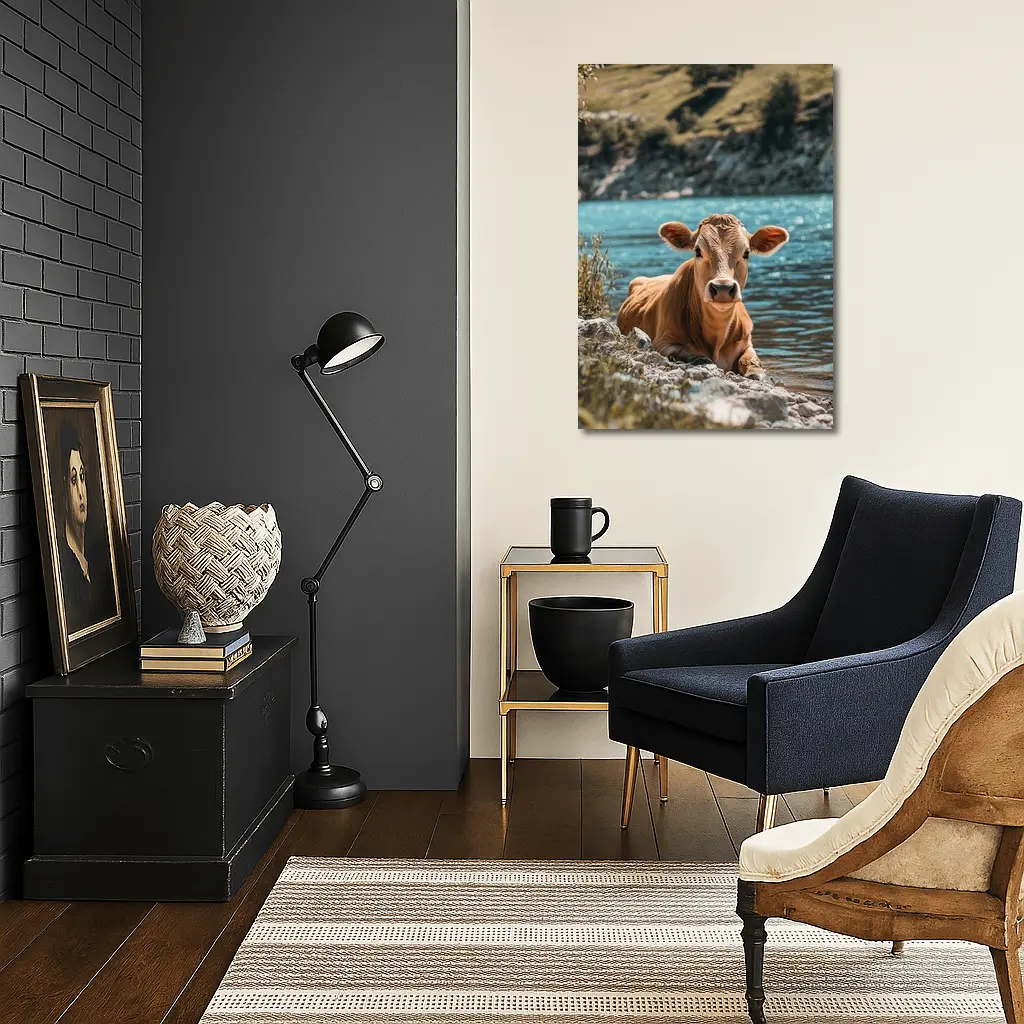 Young Calf Resting By Mountain Lake – Wall Art