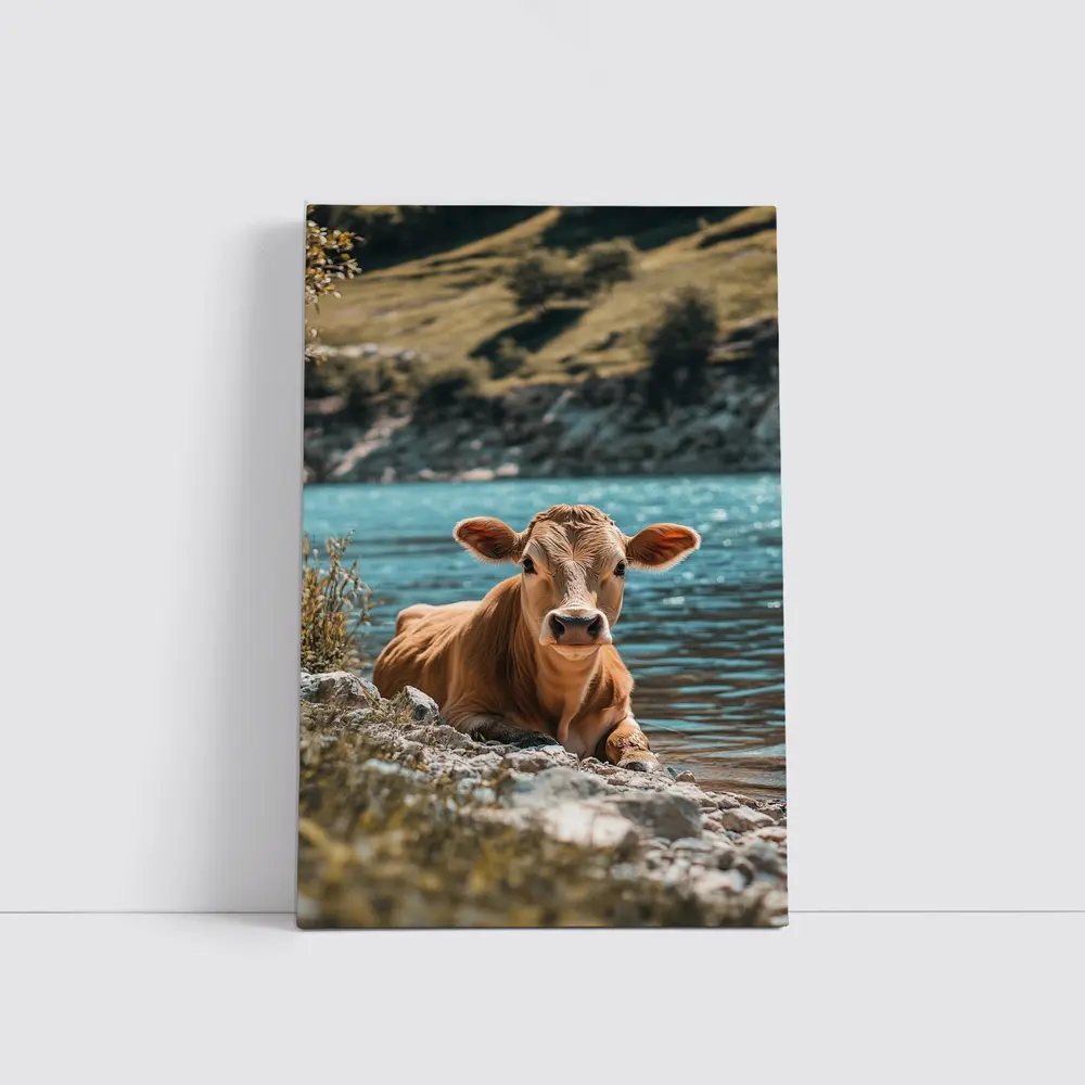 Young Calf Resting By Mountain Lake – Wall Art